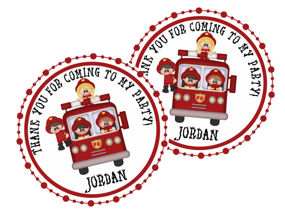 red fire engine birthday favor label