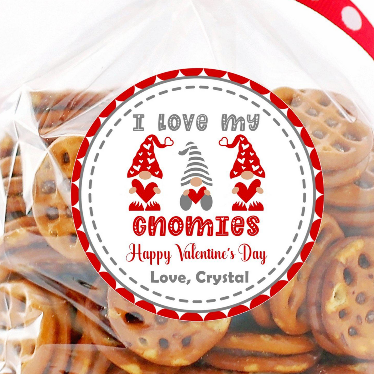red gnome valentine stickers with hearts personalized