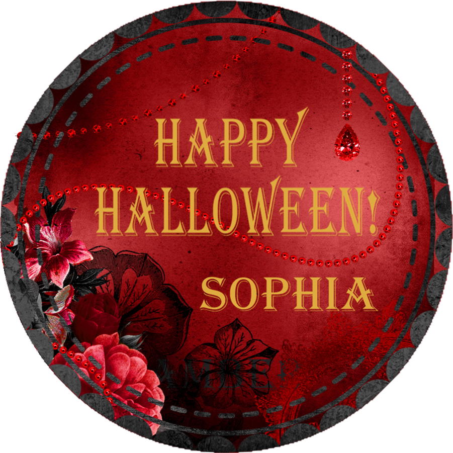 red gothic halloween sticker with gold lettering and red floral accents