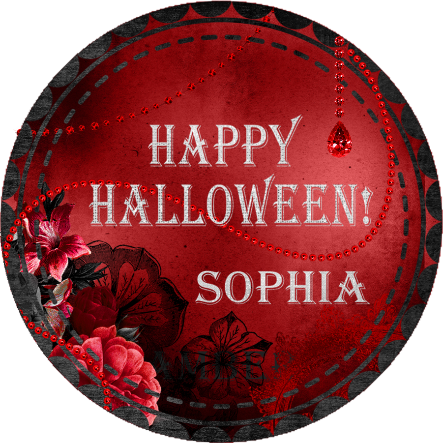 red gothic halloween sticker with silver lettering and red floral accents