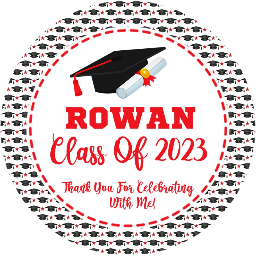 Personalized Red Graduation Party Stickers – Graduation Cap and Diploma Favor Labels