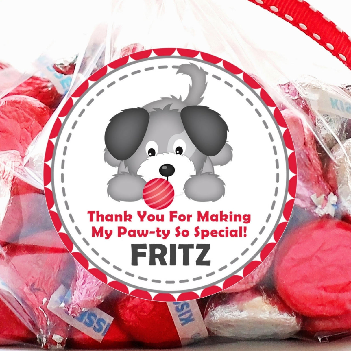 red puppy dog birthday sticker with gray dog and ball