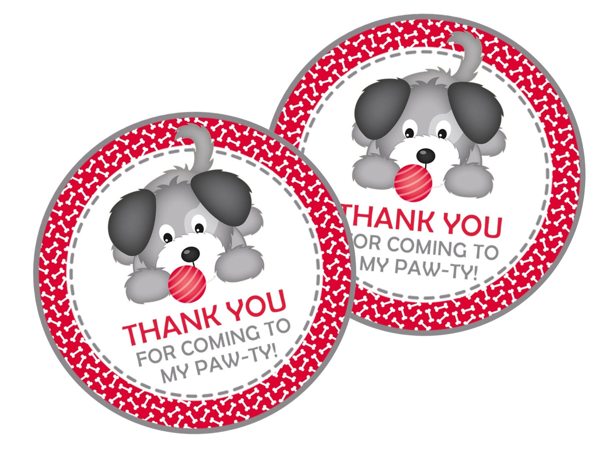 red puppy dog birthday sticker with gray pup and ball