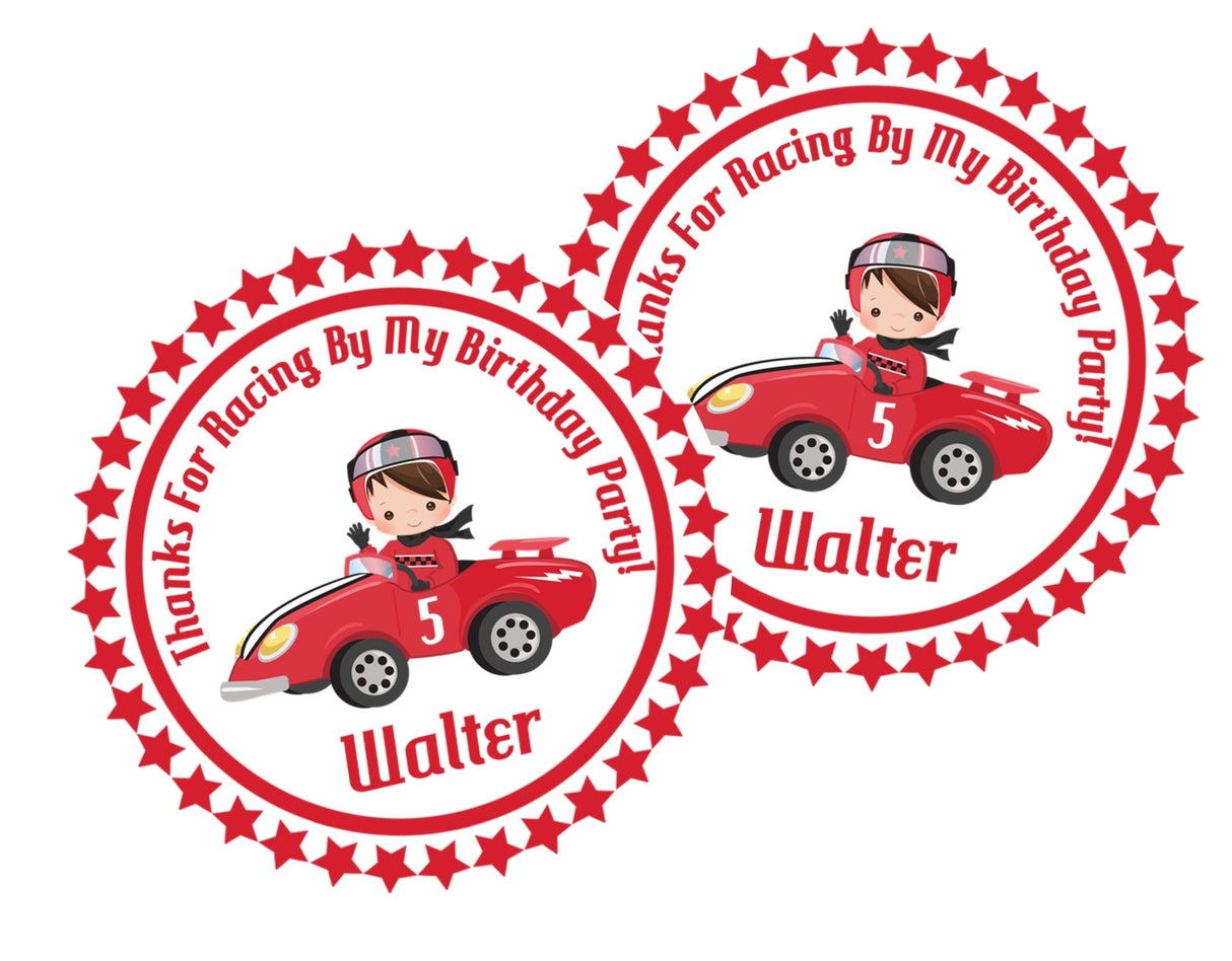 red race car birthday sticker with boy driver