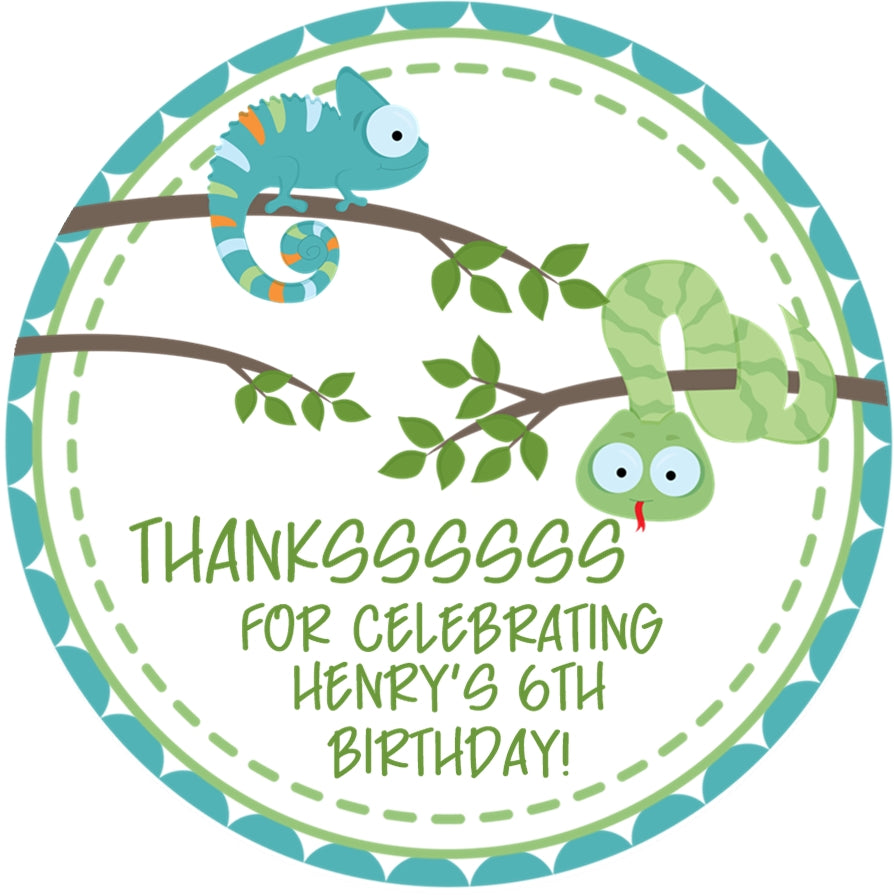 reptile birthday sticker with snake on branch and jungle leaves