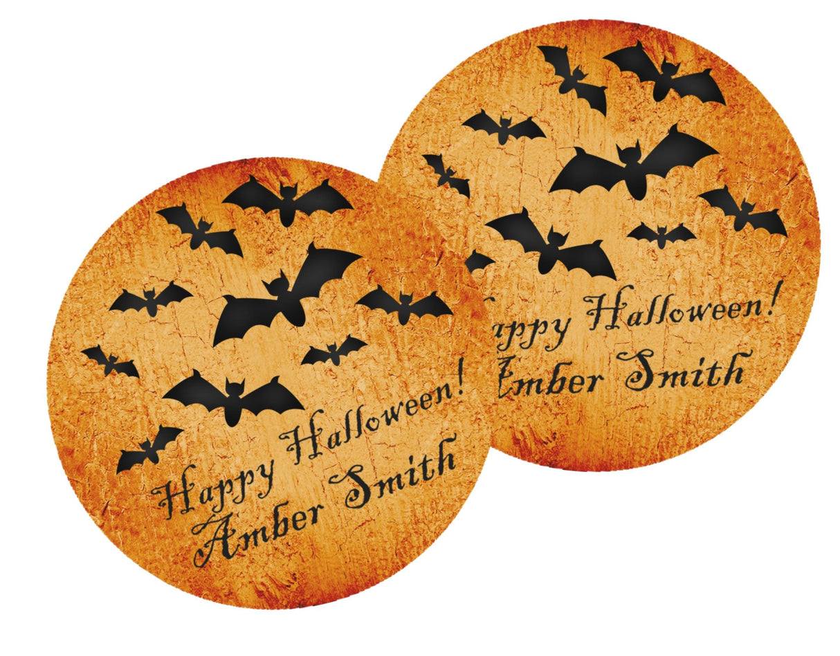 round halloween favor label featuring bat silhouettes and autumn tones