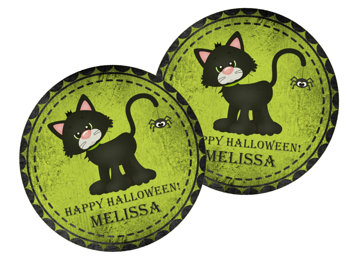 round halloween favor label with classic cat artwork and aged texture