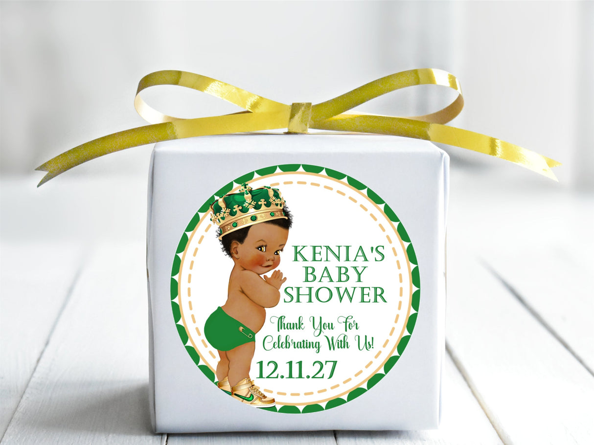 royal prince baby shower favor label in green and gold