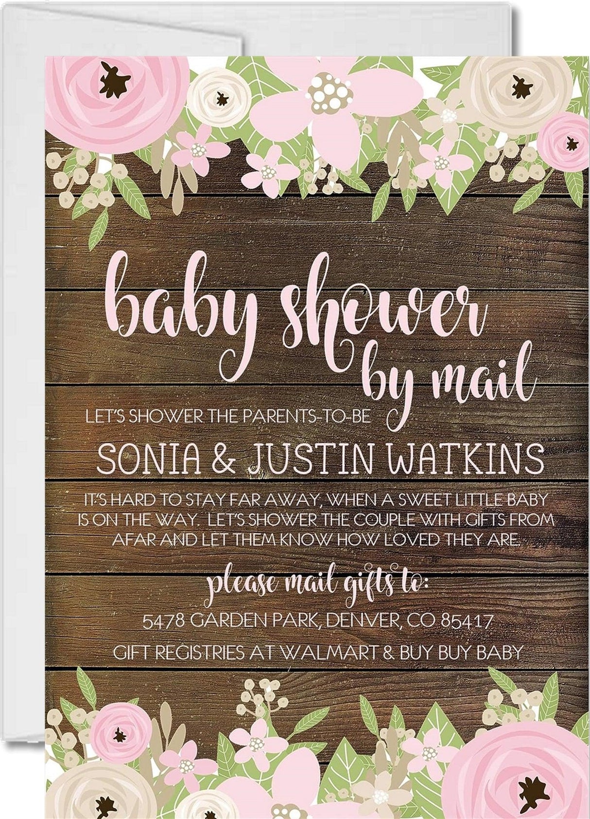 rustic floral baby shower by mail invitations wood background design