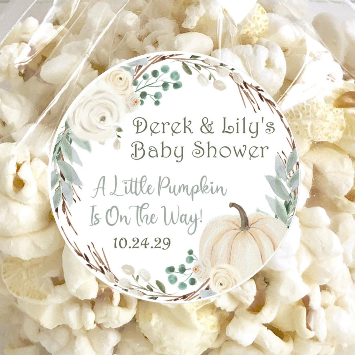 rustic green pumpkin baby shower sticker with floral wreath