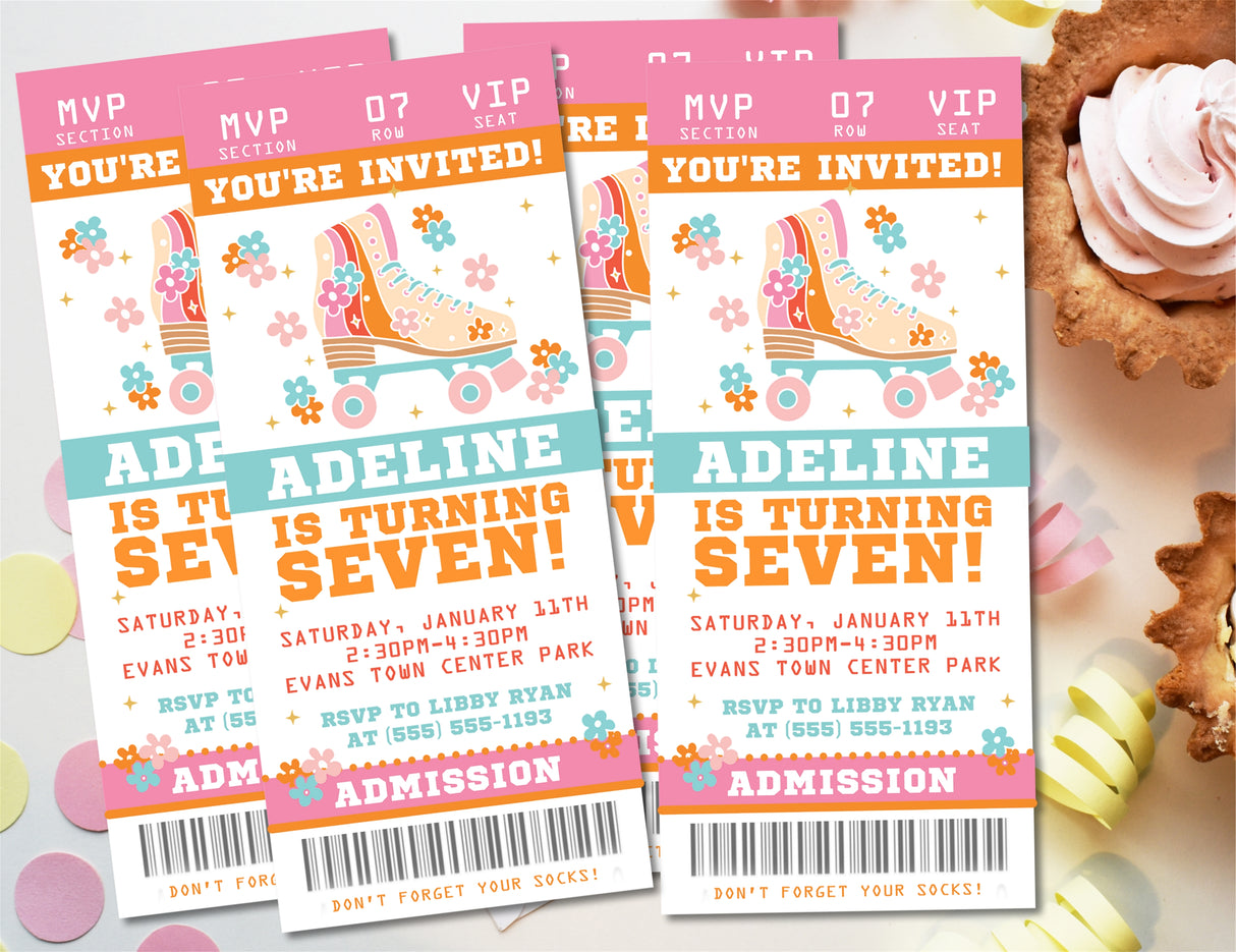 Roller skating birthday ticket invitation customized with party details and admission ticket design