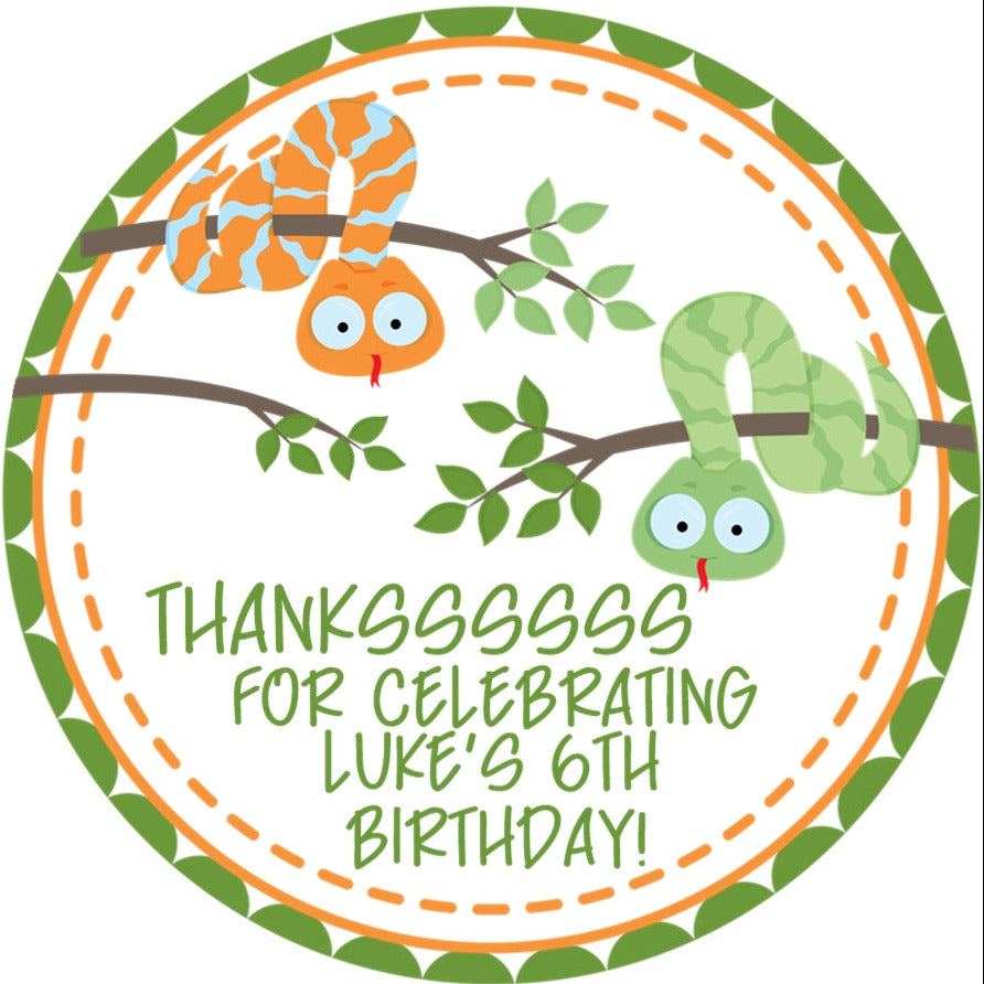 snake and chameleon party sticker with playful jungle design