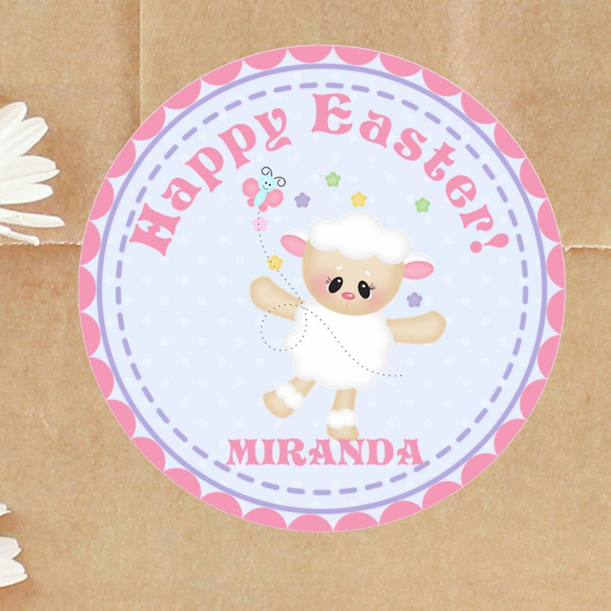 soft pink religious easter lamb favor sticker with custom name
