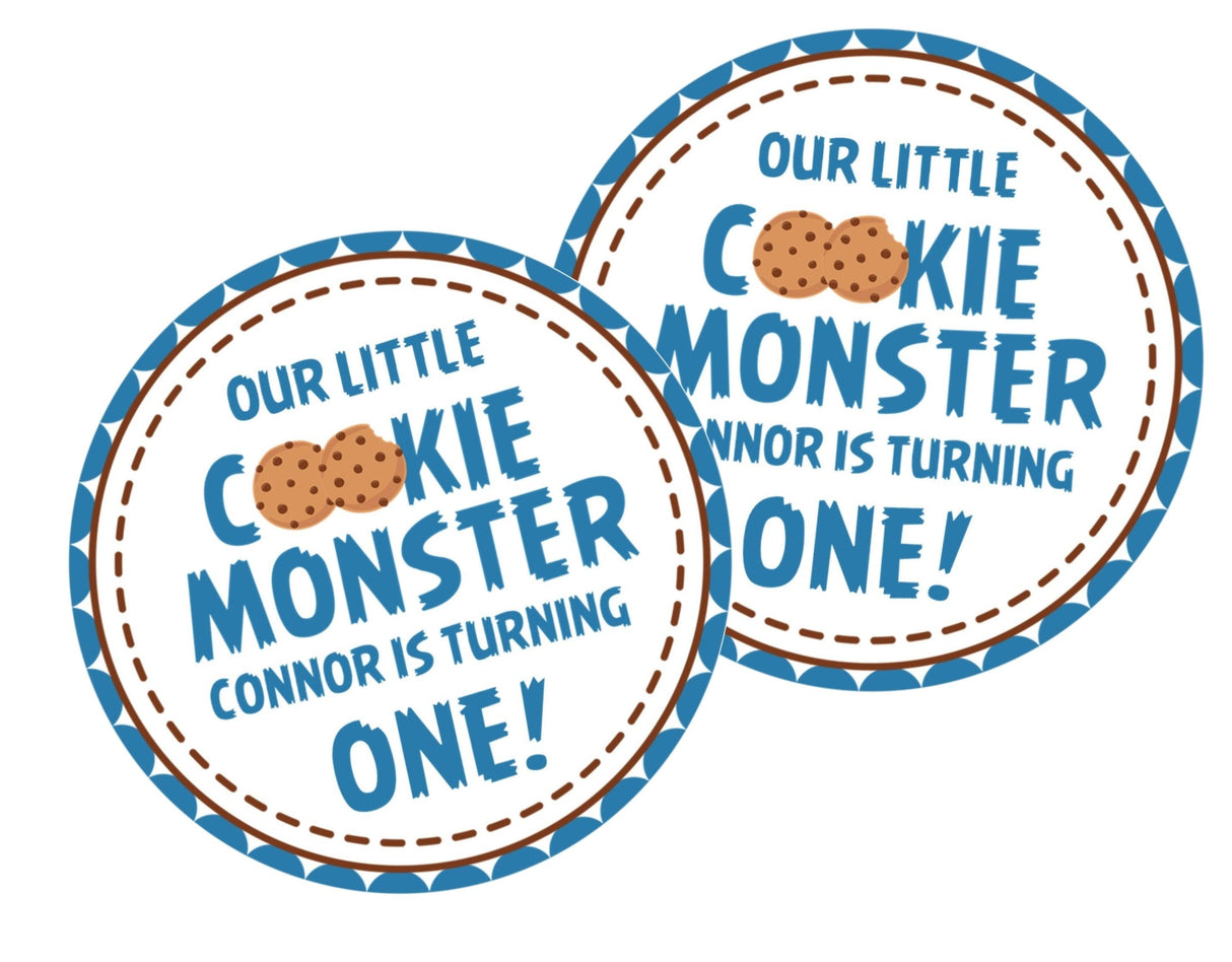 stitched brown and blue cookie themed party favor label