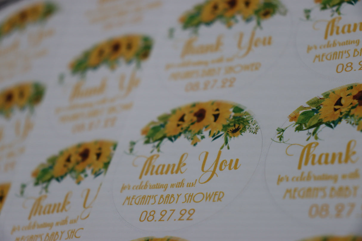Sunflower Baby Shower Stickers – Thank You for Celebrating with Us