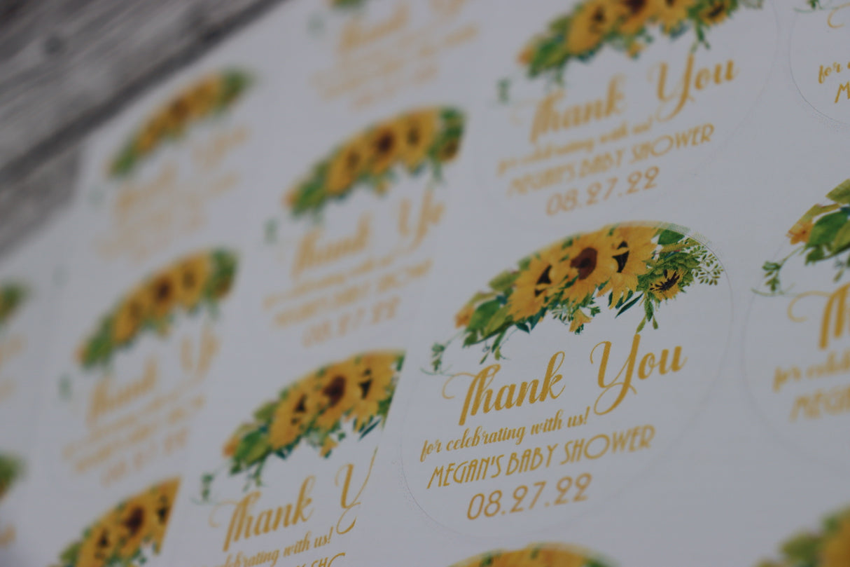 Sunflower Baby Shower Stickers – Thank You for Celebrating with Us