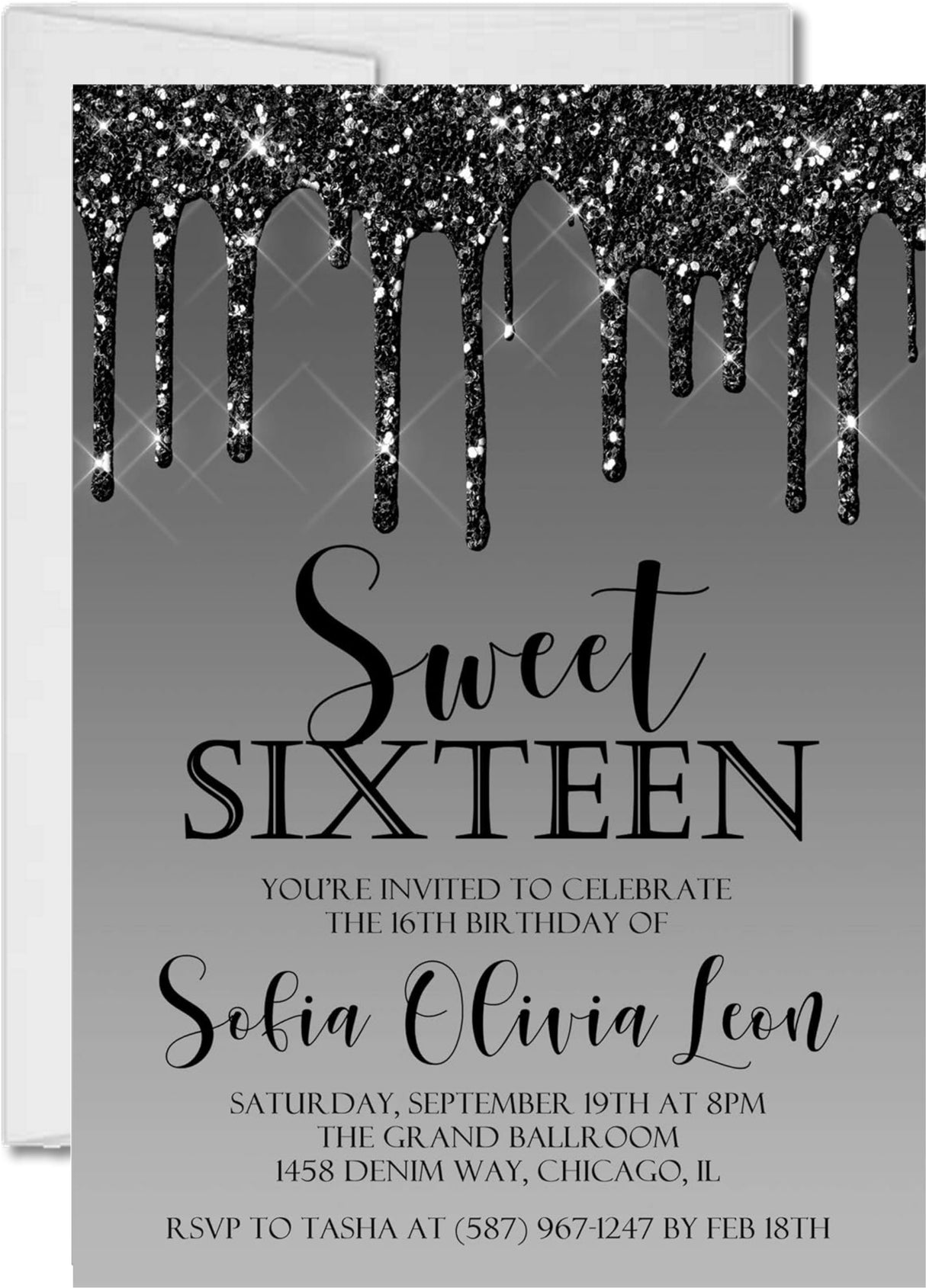 sweet 16 invitations black metallic drip design