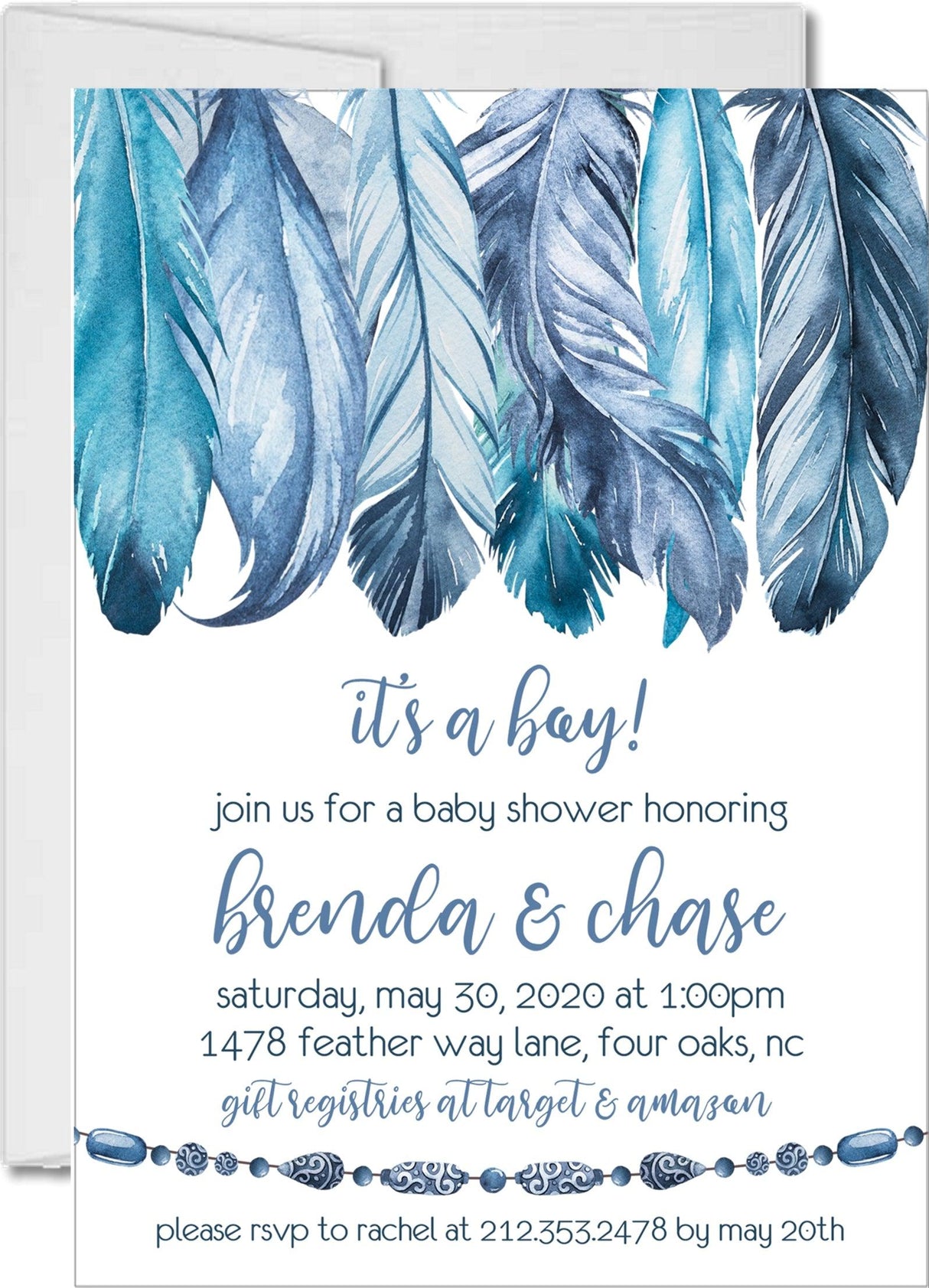 tribal blue feather baby shower invitations bohemian theme