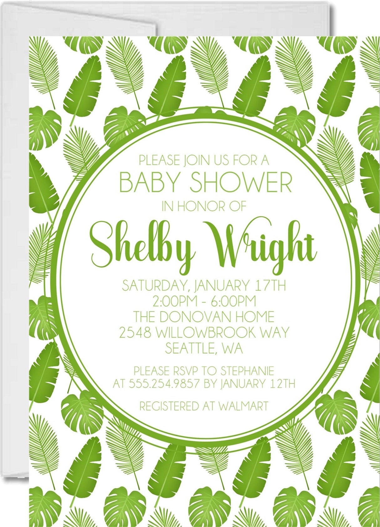 tropical baby shower invitations green palm leaf design
