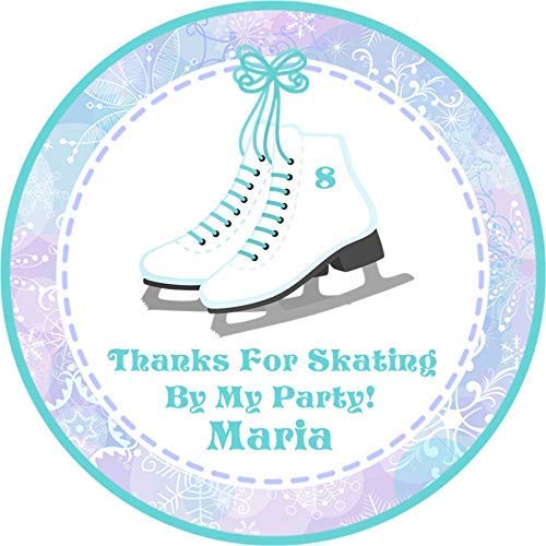 turquoise ice skating birthday sticker with figure skates and snowflake background