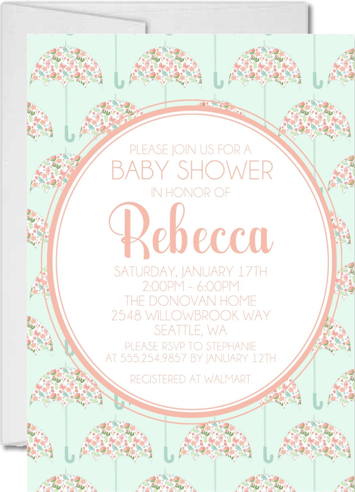 umbrella baby shower invitations mint coral pattern design