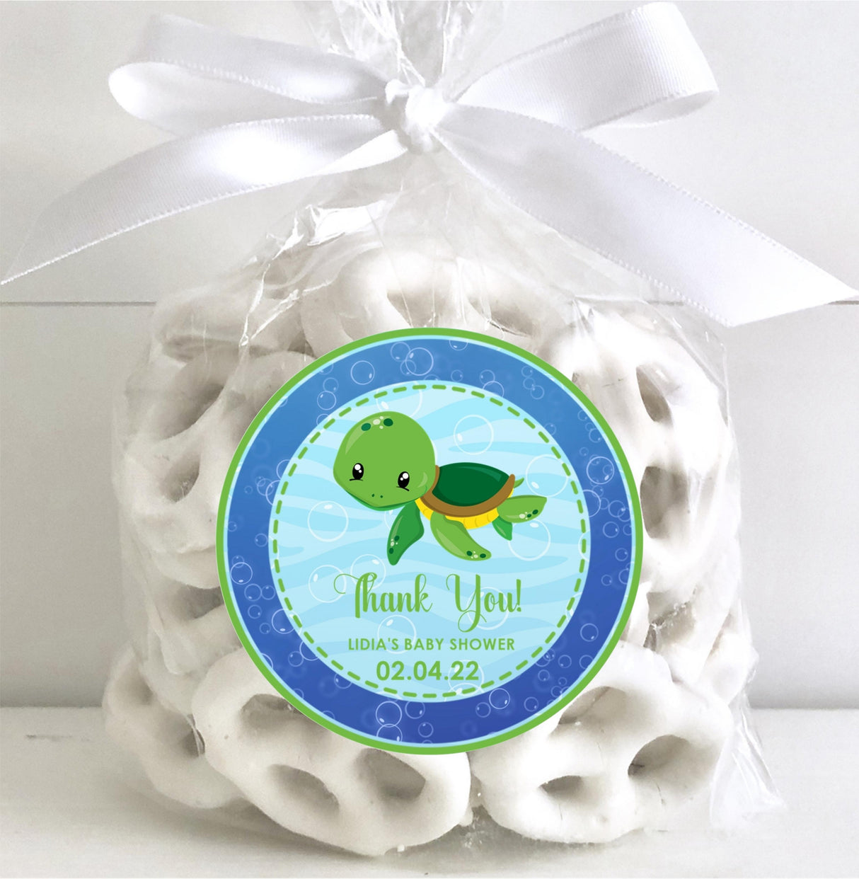 under the sea baby shower thank-you sticker with turtle