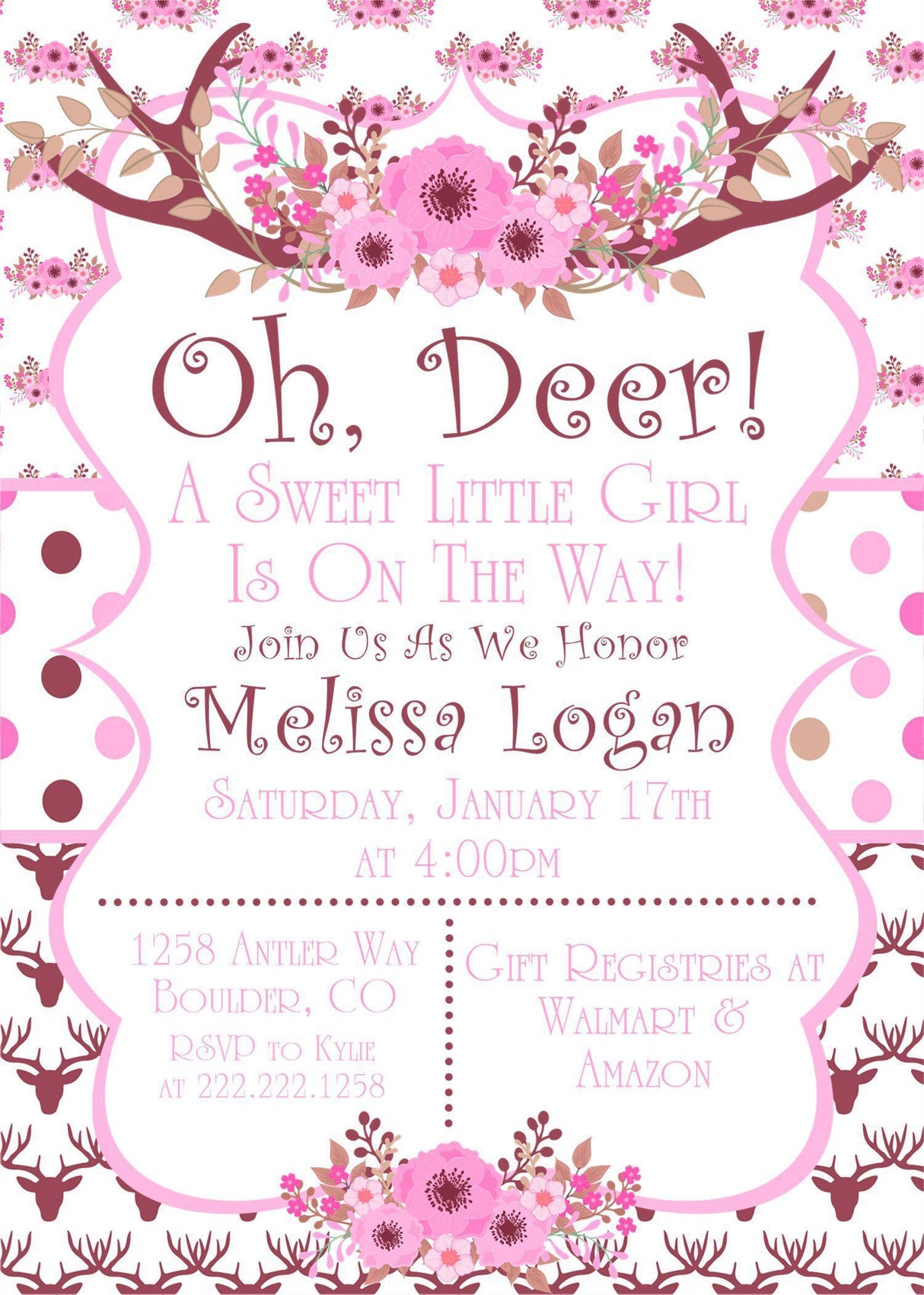 watercolor antler invitation cards pink woodland style