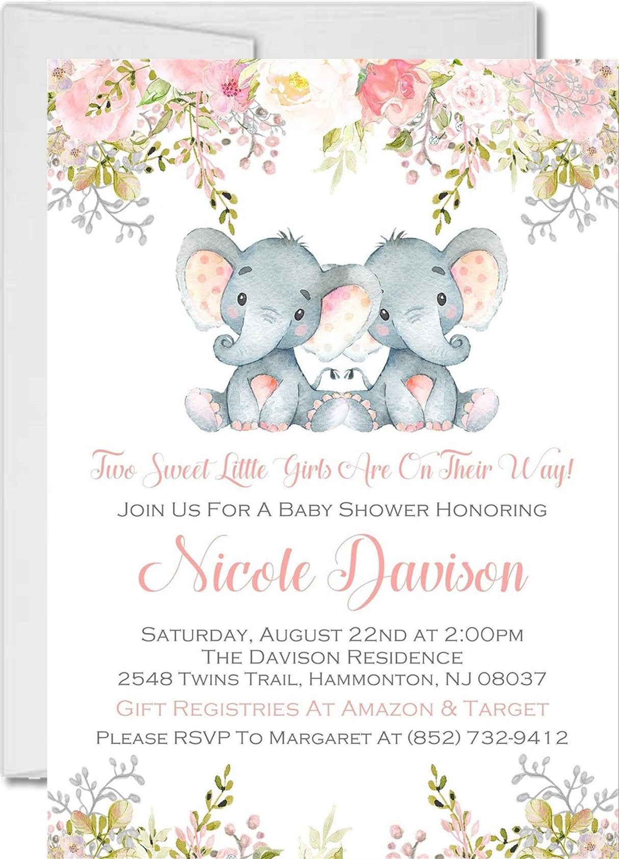 watercolor elephant twins baby shower invitation cards elegant floral style