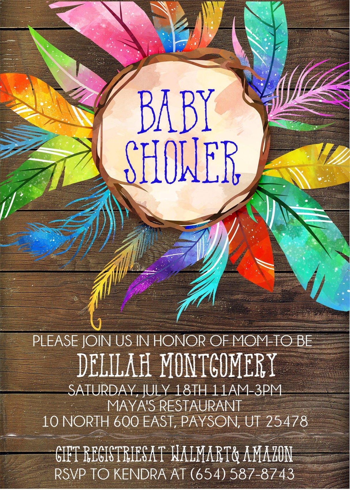 watercolor feather baby shower invitations rustic wood theme