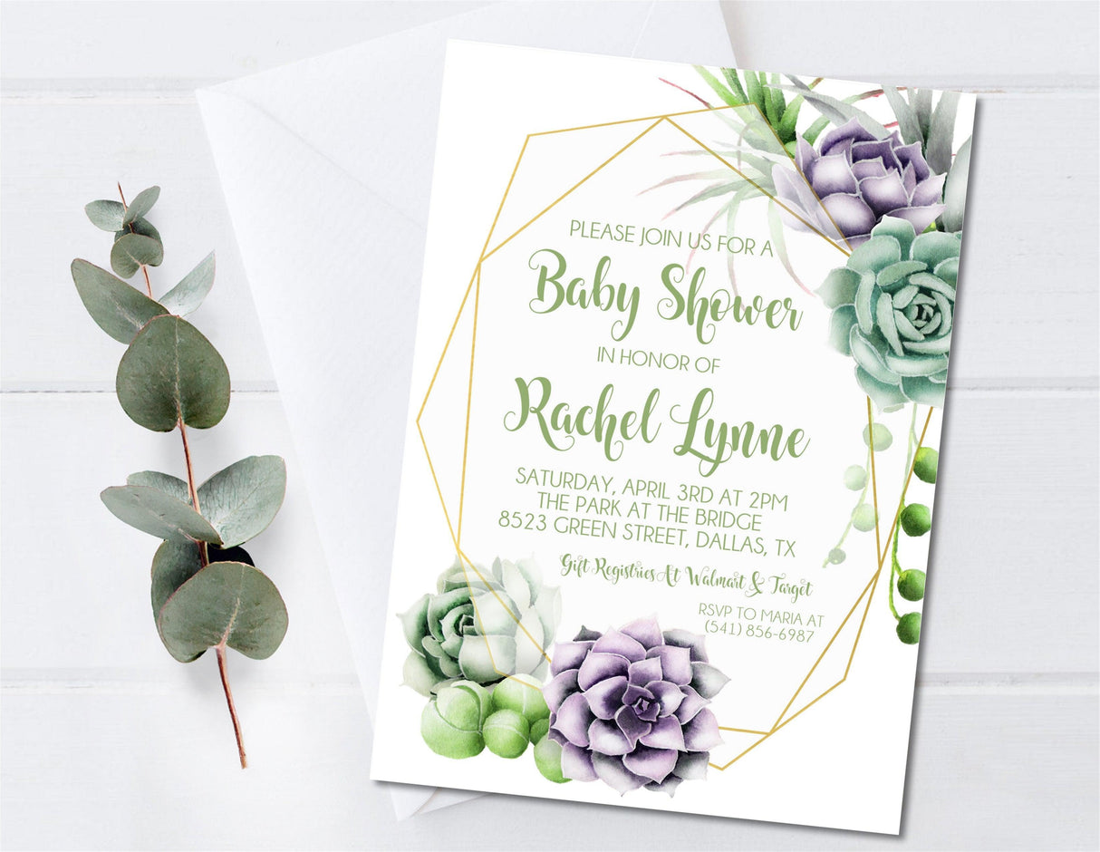 watercolor succulent baby shower invitations boho greenery theme