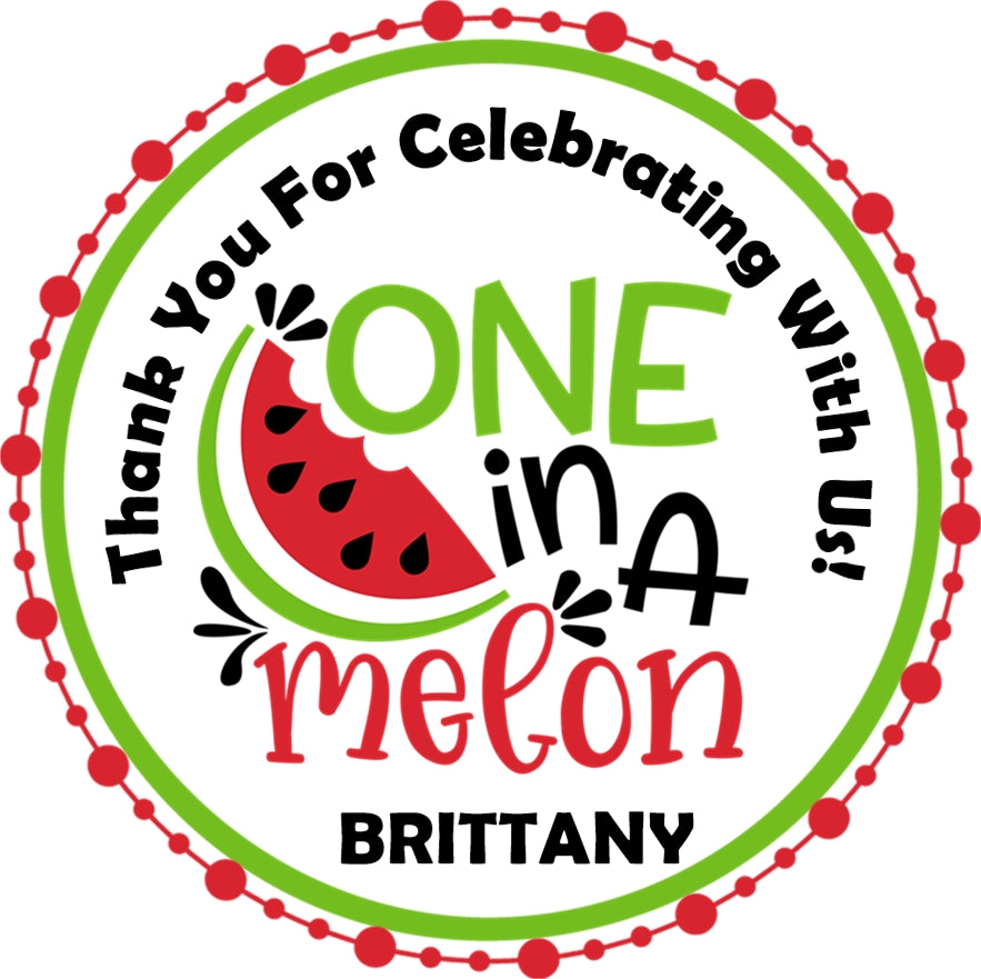 watermelon themed birthday favor sticker with bright red green colors