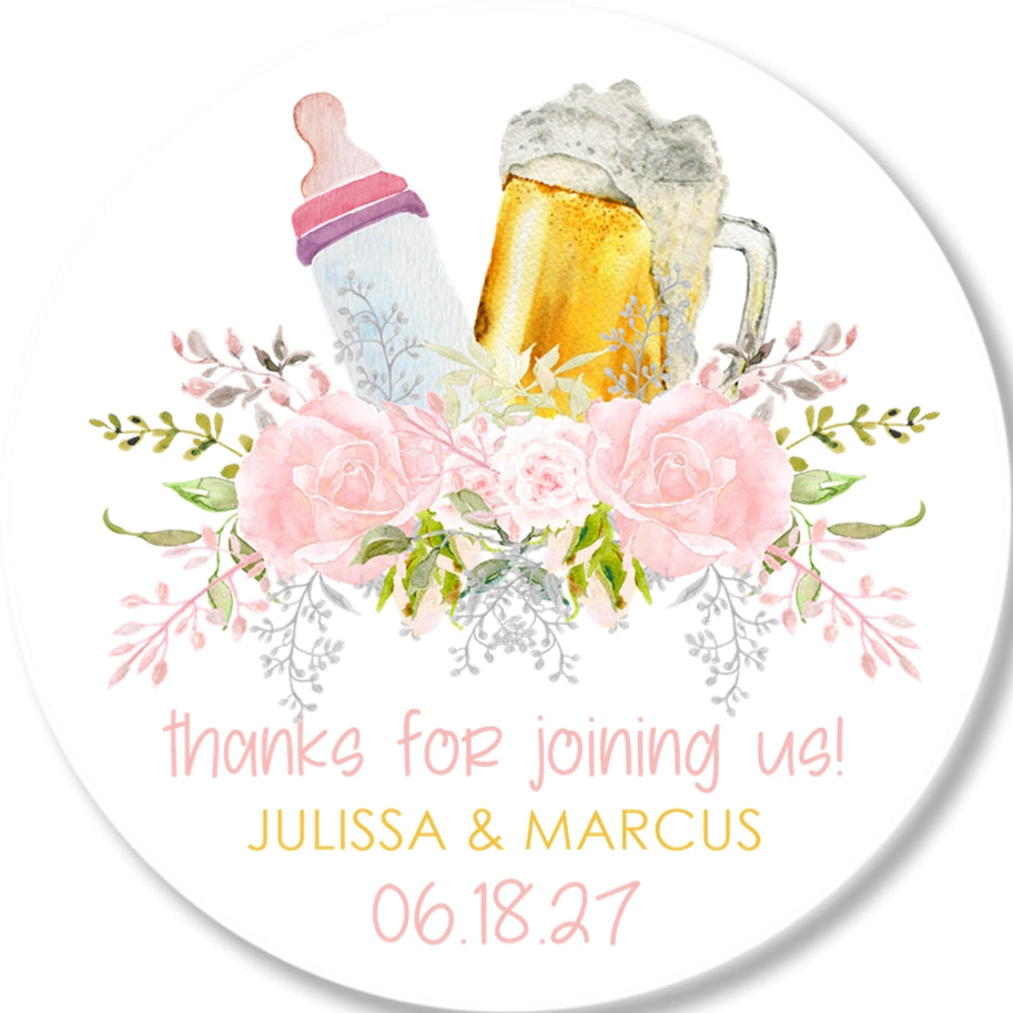 white background baby shower sticker with pink floral baby bottle and beer mug design
