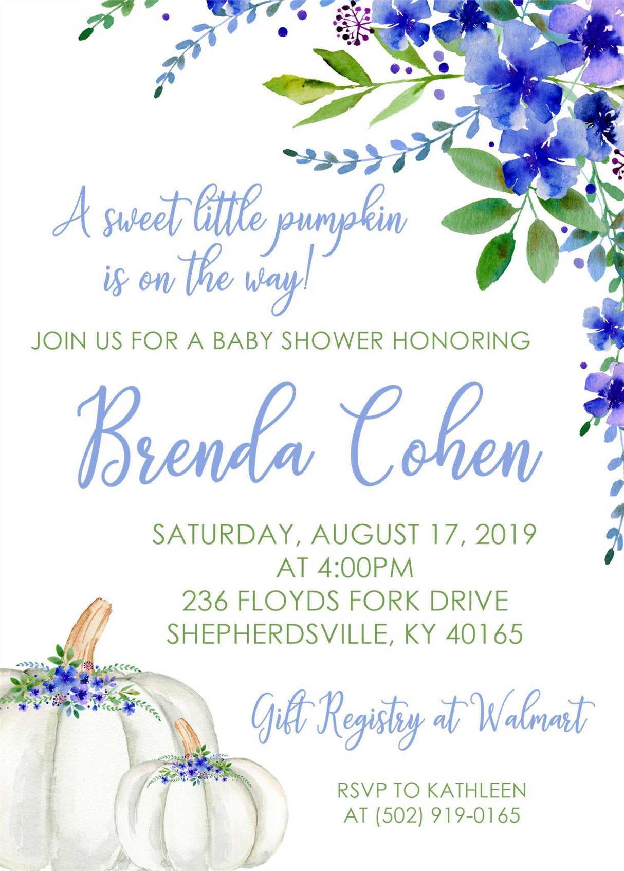 white pumpkin baby shower invitations blue greenery harvest theme