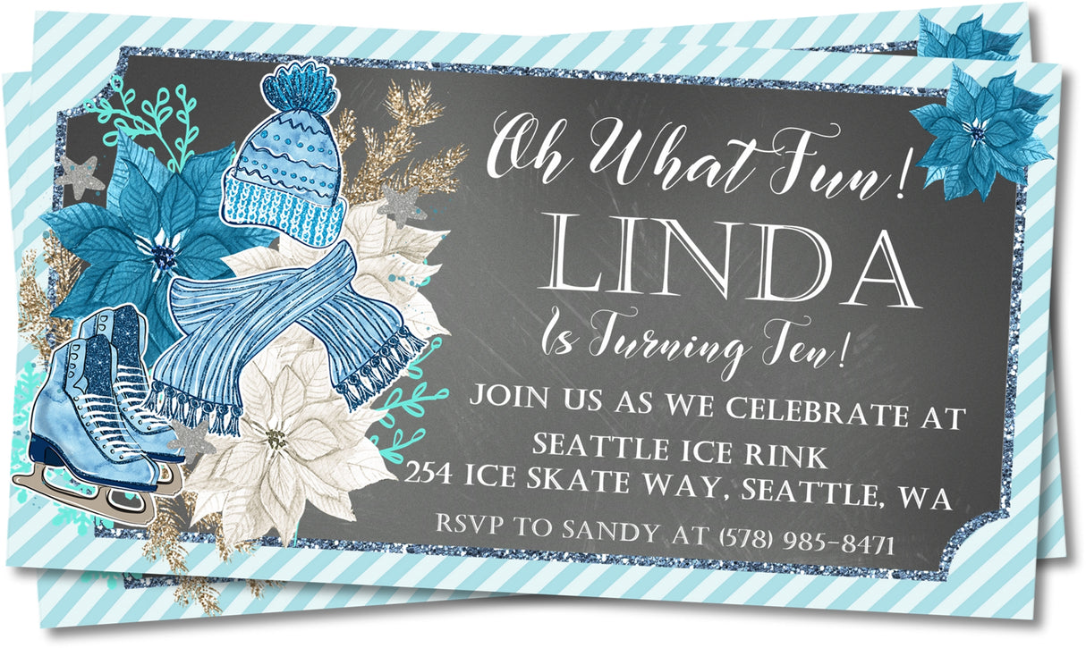 winter birthday ticket invitations blue ice skate design