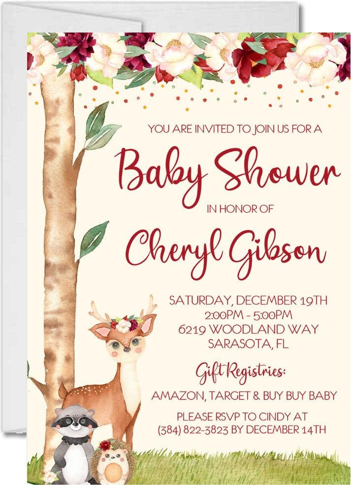 woodland baby shower invitations deer raccoon floral design
