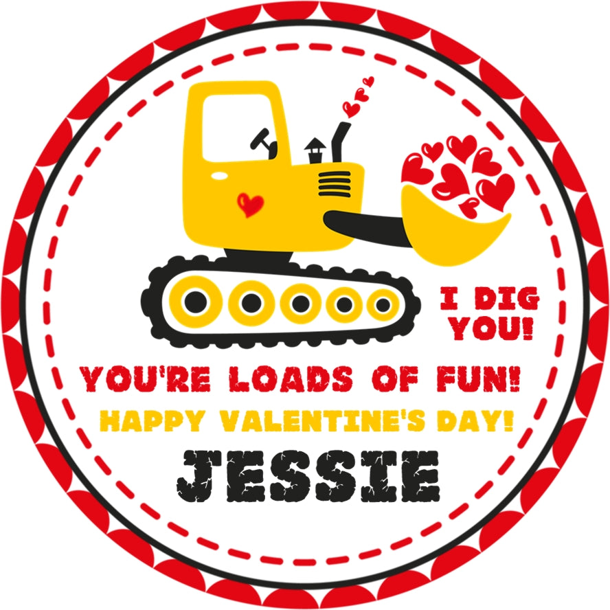 yellow construction truck valentine stickers with hearts