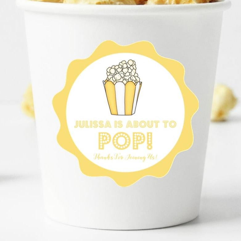 yellow popcorn baby shower sticker with about to pop design