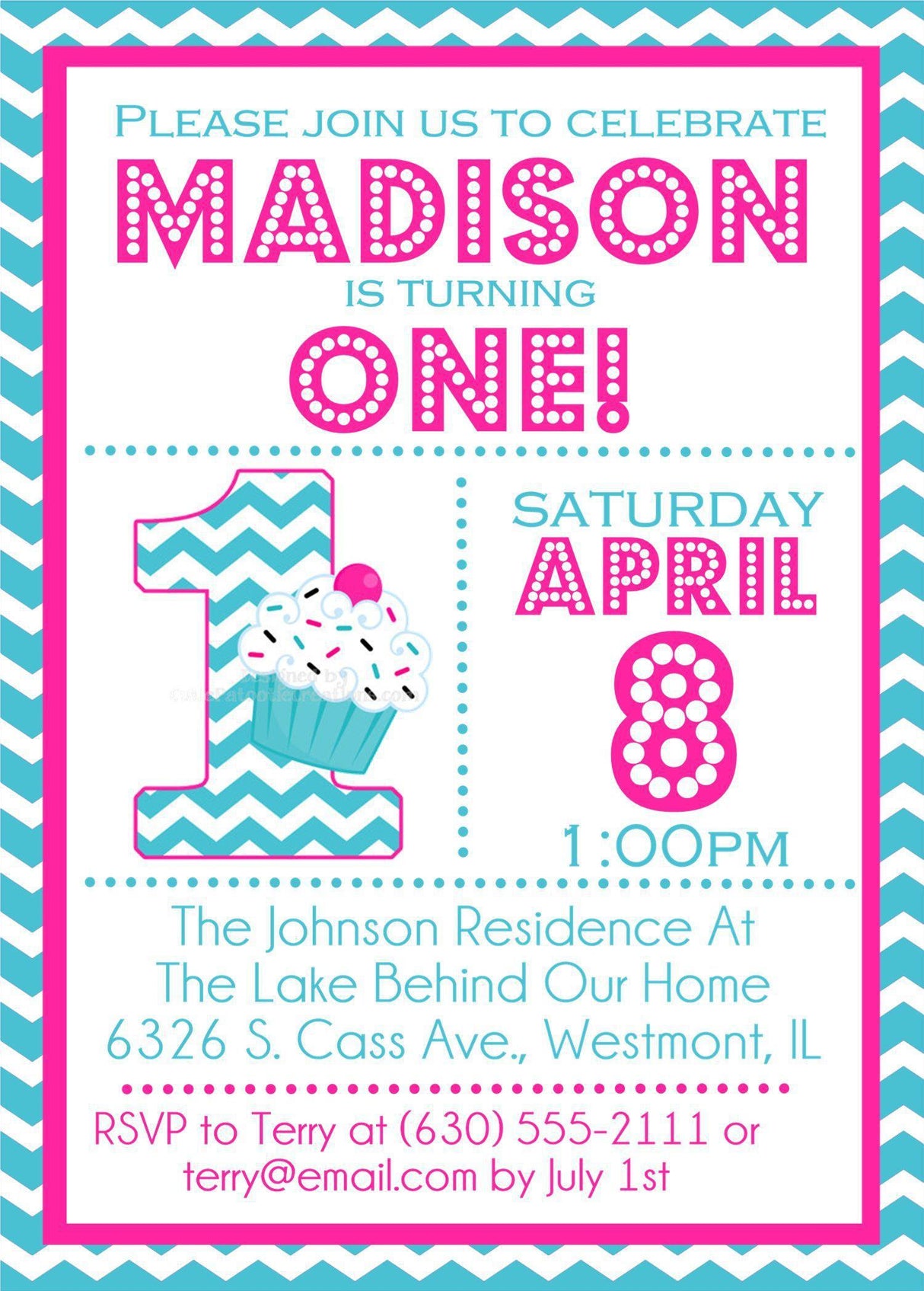 1st birthday party invitations cupcake design