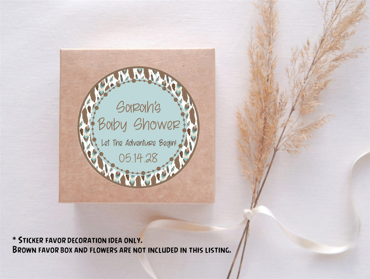 Adventure baby shower favor label with feather border