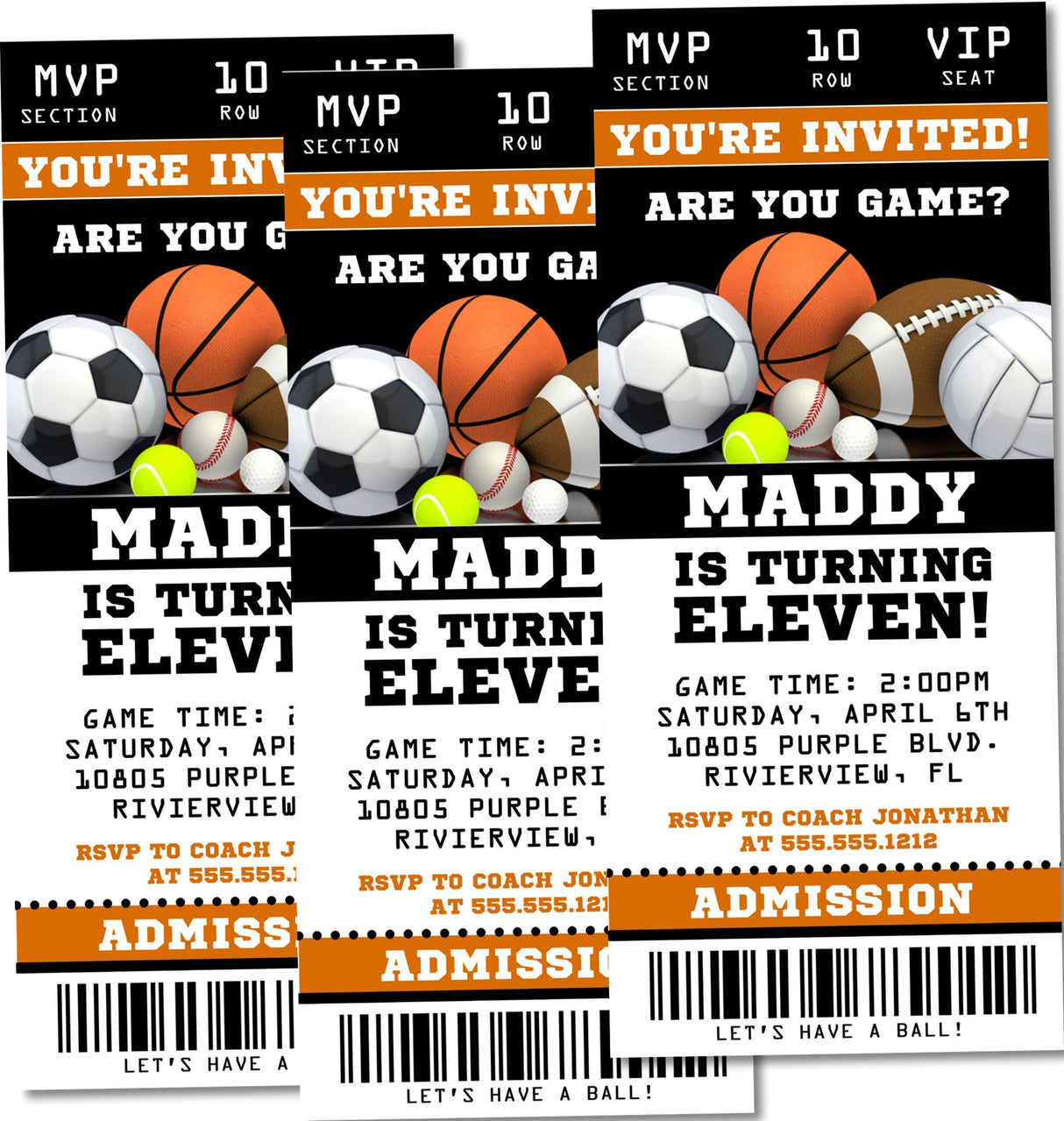 All sports birthday ticket invitation customized with party details and admission ticket design
