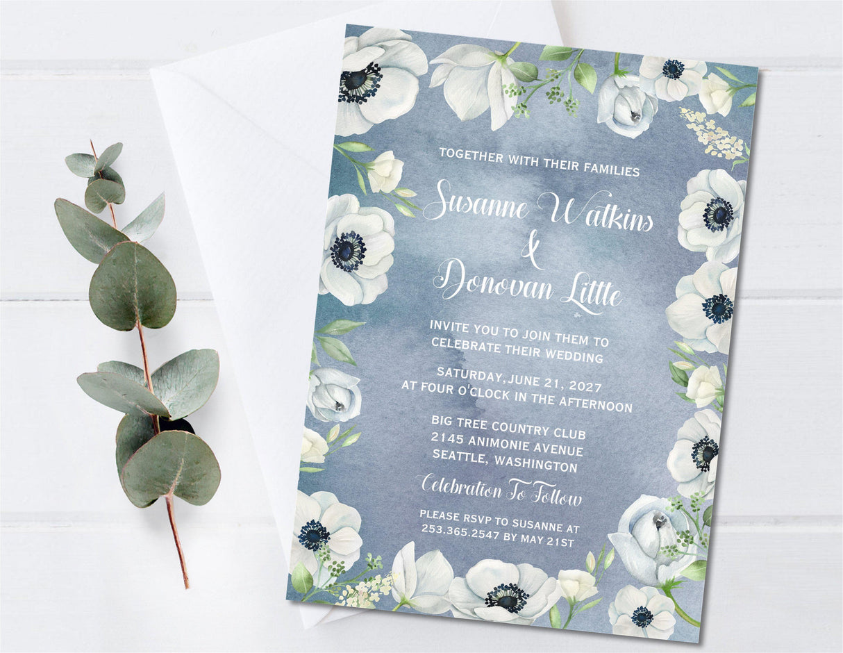 Anemone wedding invitation featuring watercolor floral artwork and greenery accents