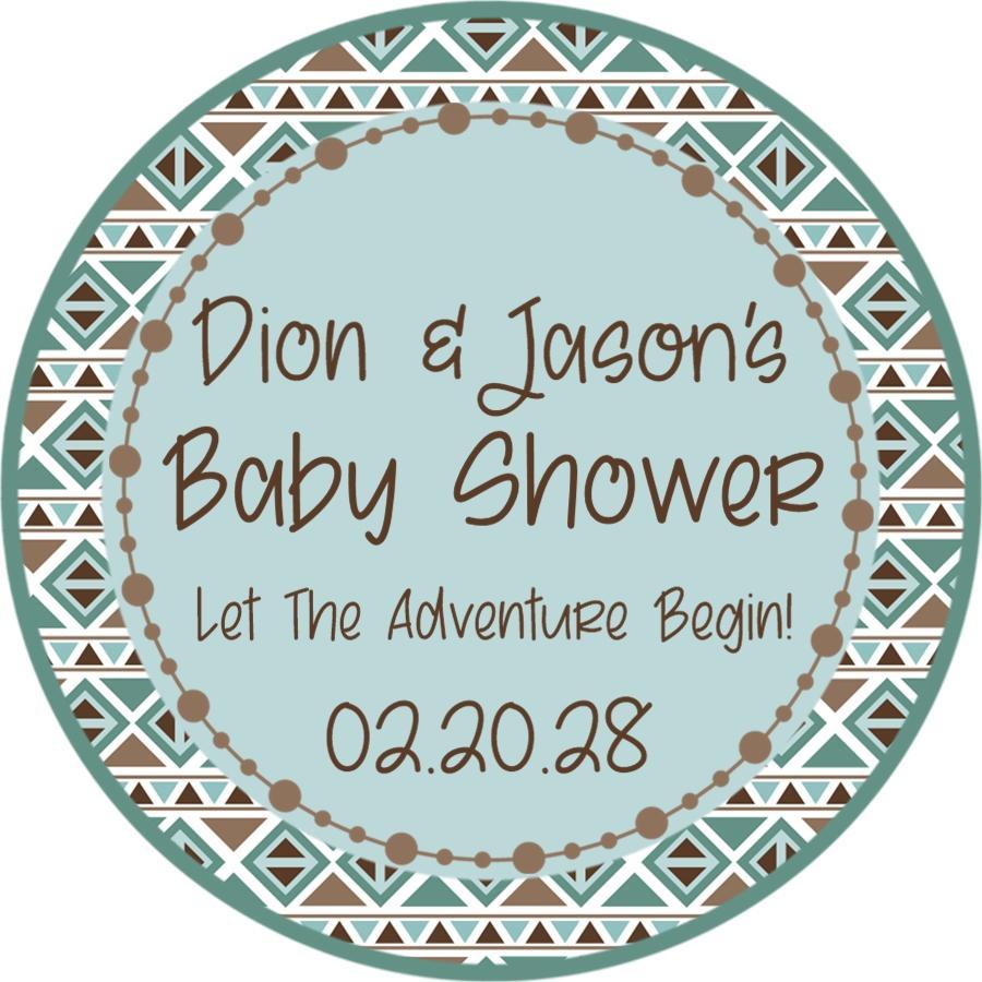 Aztec geometric tribal baby shower sticker with turquoise and brown pattern