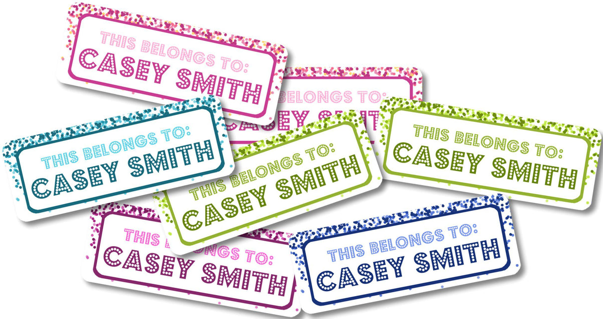 Back to school name labels shown in purple green turquoise magenta pink and royal blue