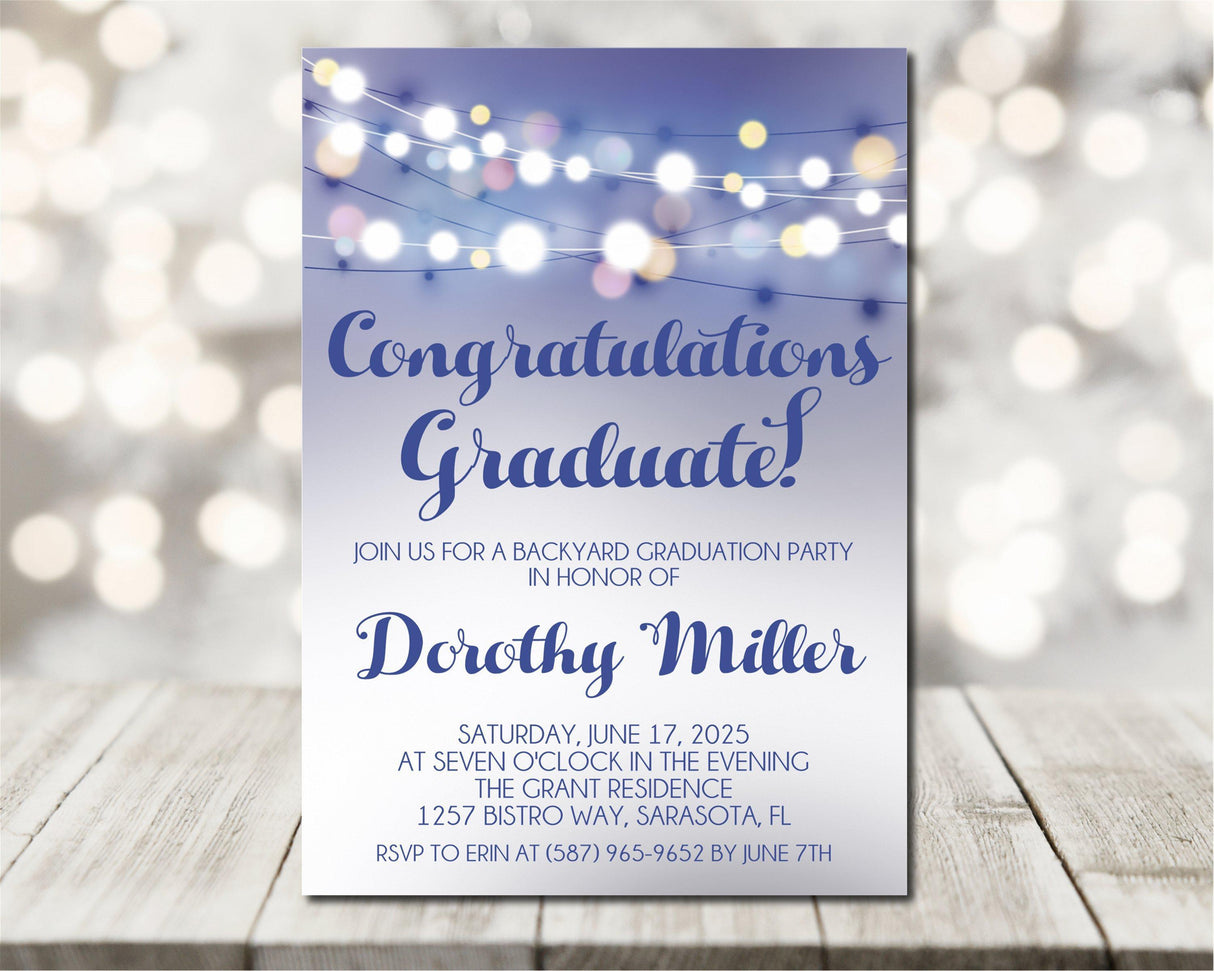 Backyard graduation invitation featuring blue background and glowing café lights