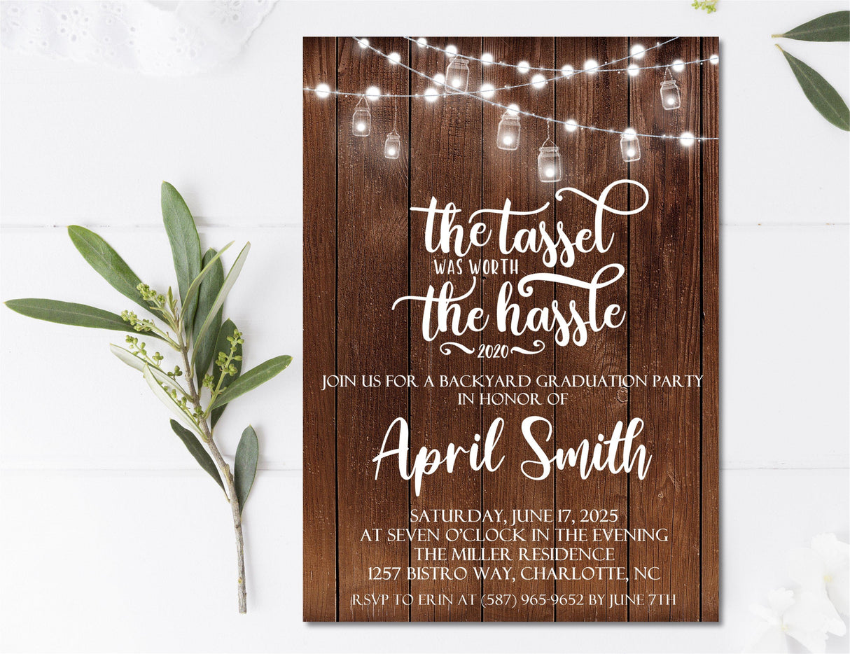 Backyard graduation party invitation with hand-lettered typography