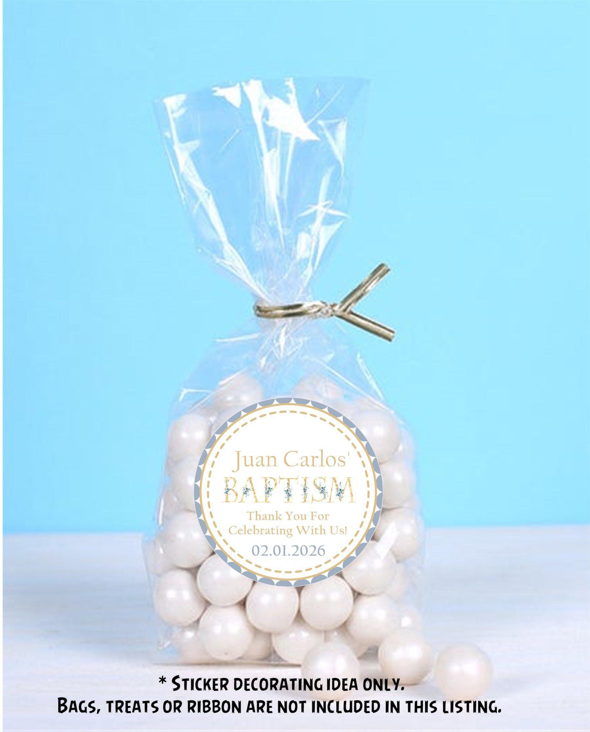 Baptism sticker with gold accents and blue greenery