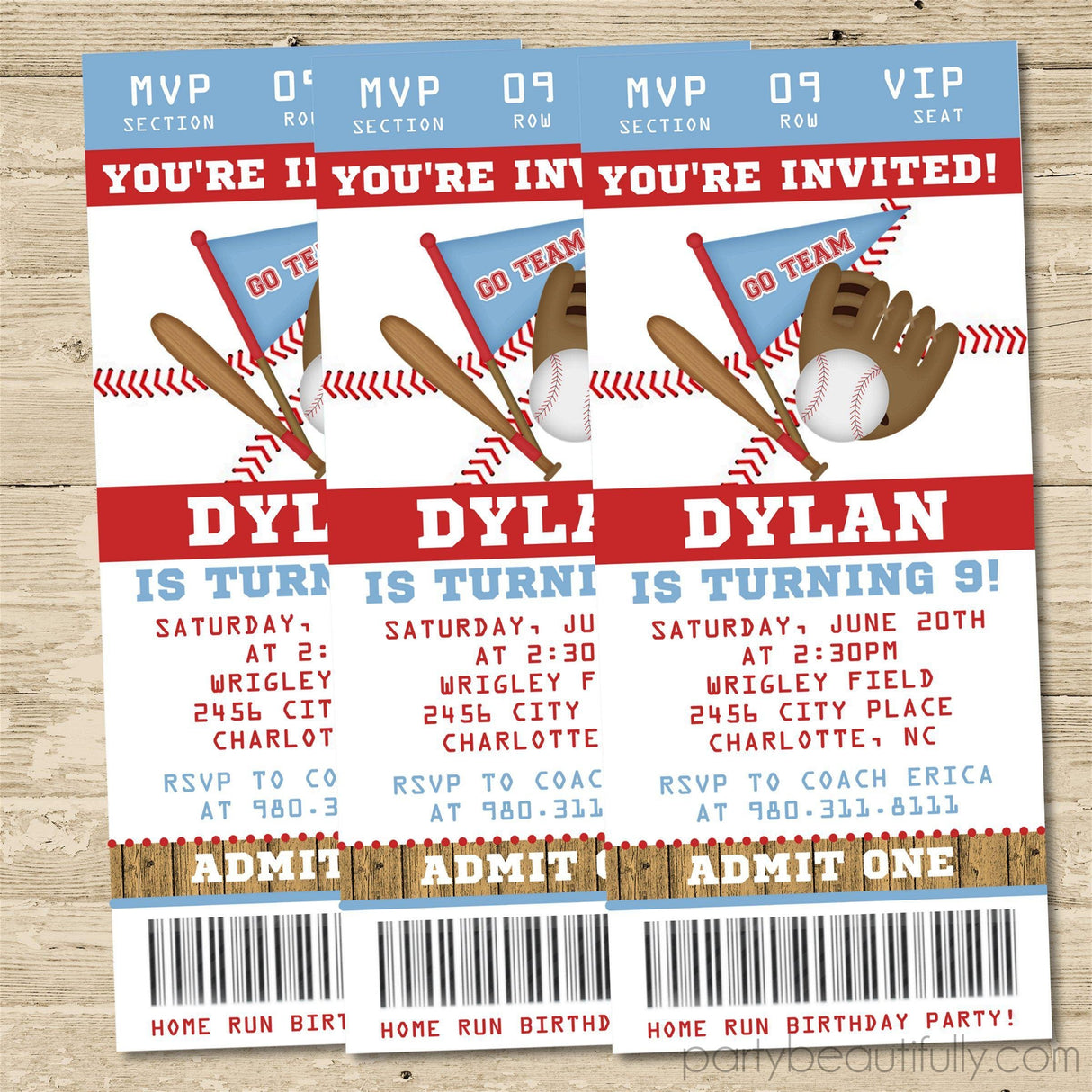 Baseball Birthday Party Ticket Invitations