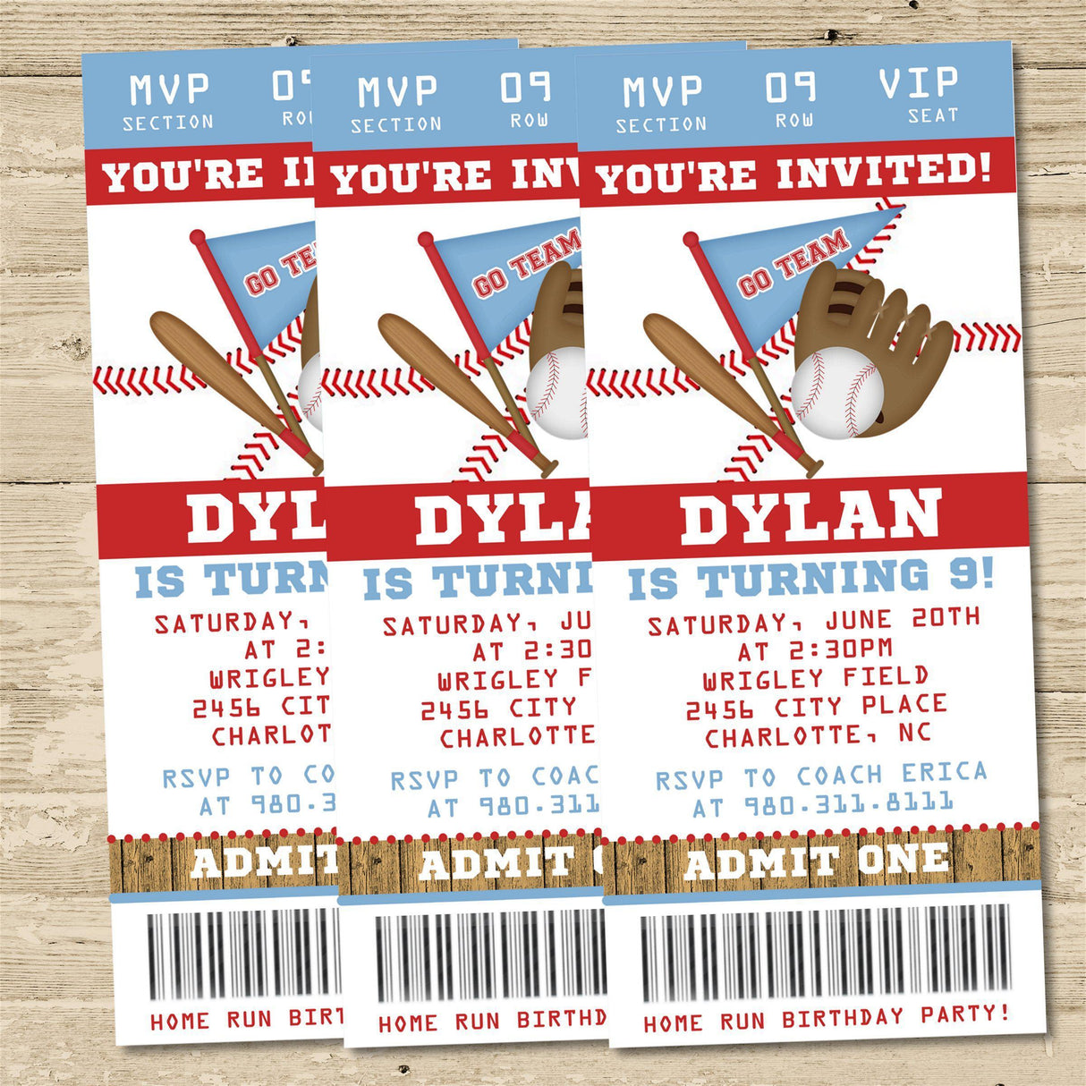Baseball ticket invitation featuring baseball glove artwork and baseball bat graphics
