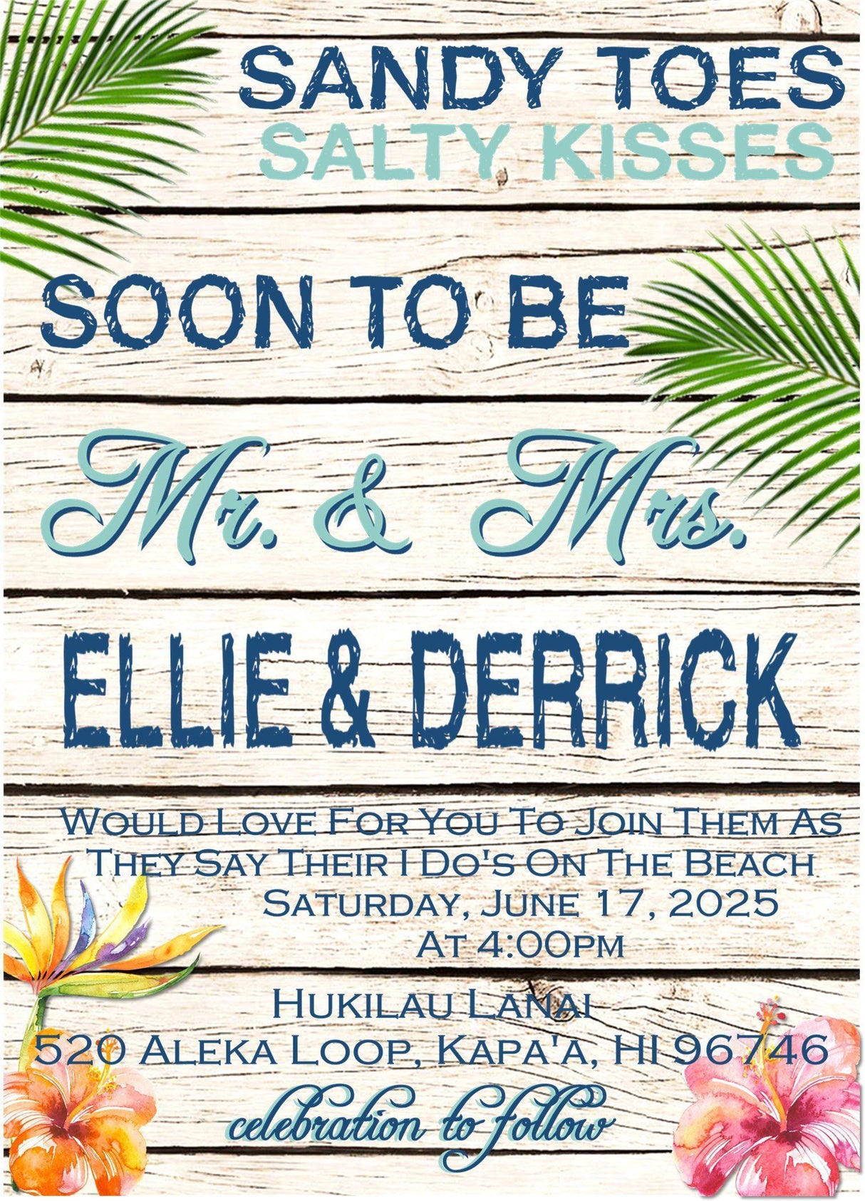 Beach wedding invitation featuring sandy toes salty kisses wording with tropical palm leaves