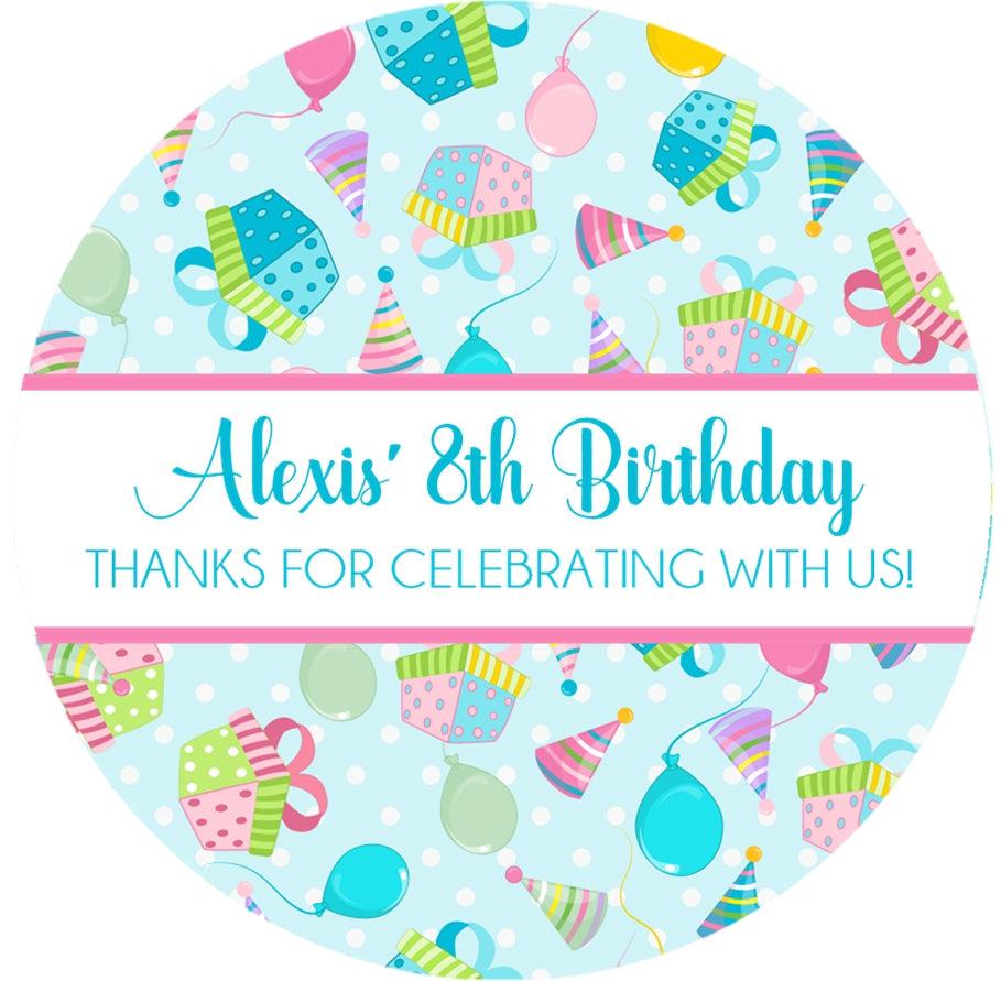 Birthday party favor stickers with blue polka dot present pattern